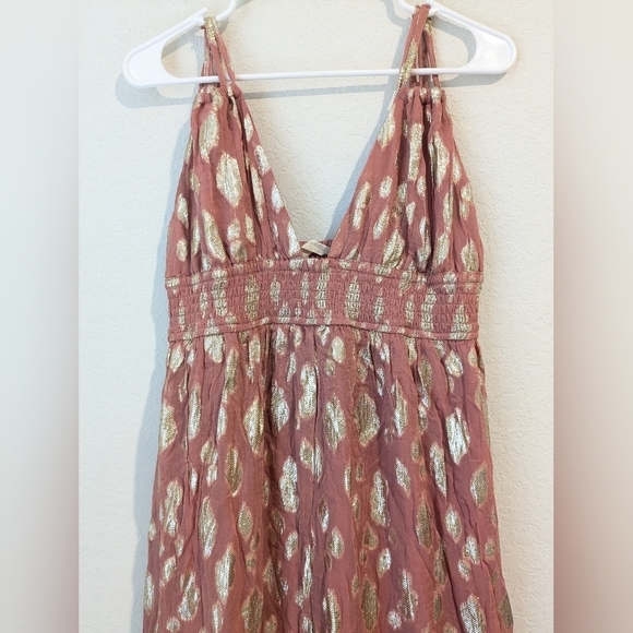 Altar'd State Pink Rose Shimmery Metallic V-Neck Sleeveless Flowy Maxi Dress - Picture 7 of 10